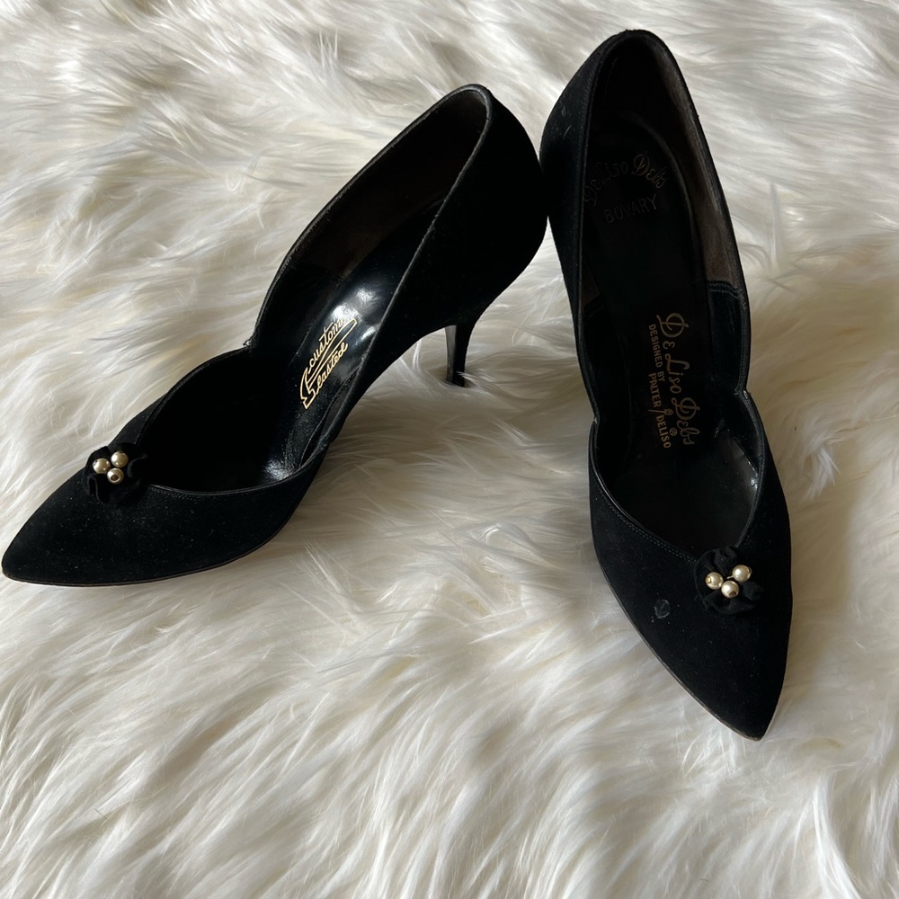DeLiso Debs vintage 50’s 60’s black suede/velvet pumps heels size 6 1/2